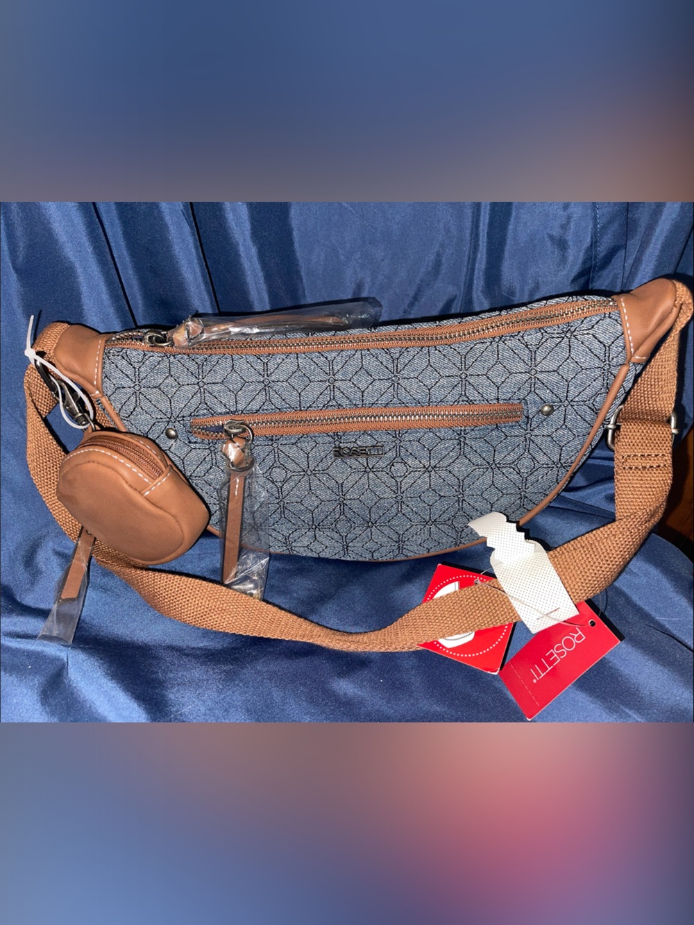 Rosetti - Lyla Denim Patterned Crossbody Bag with Tan Trim